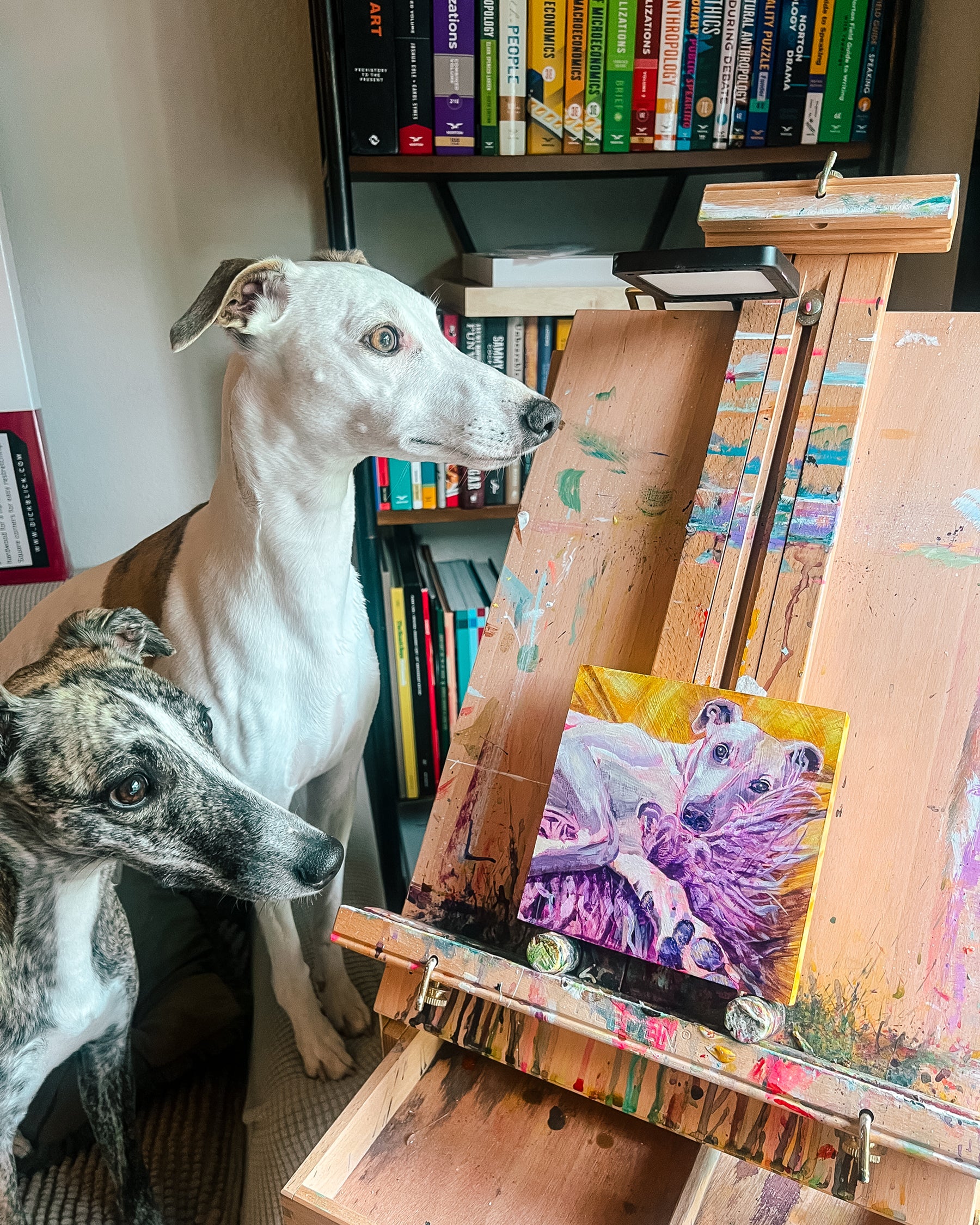 Jen Montgomery's two dogs in a room with art supplies and books