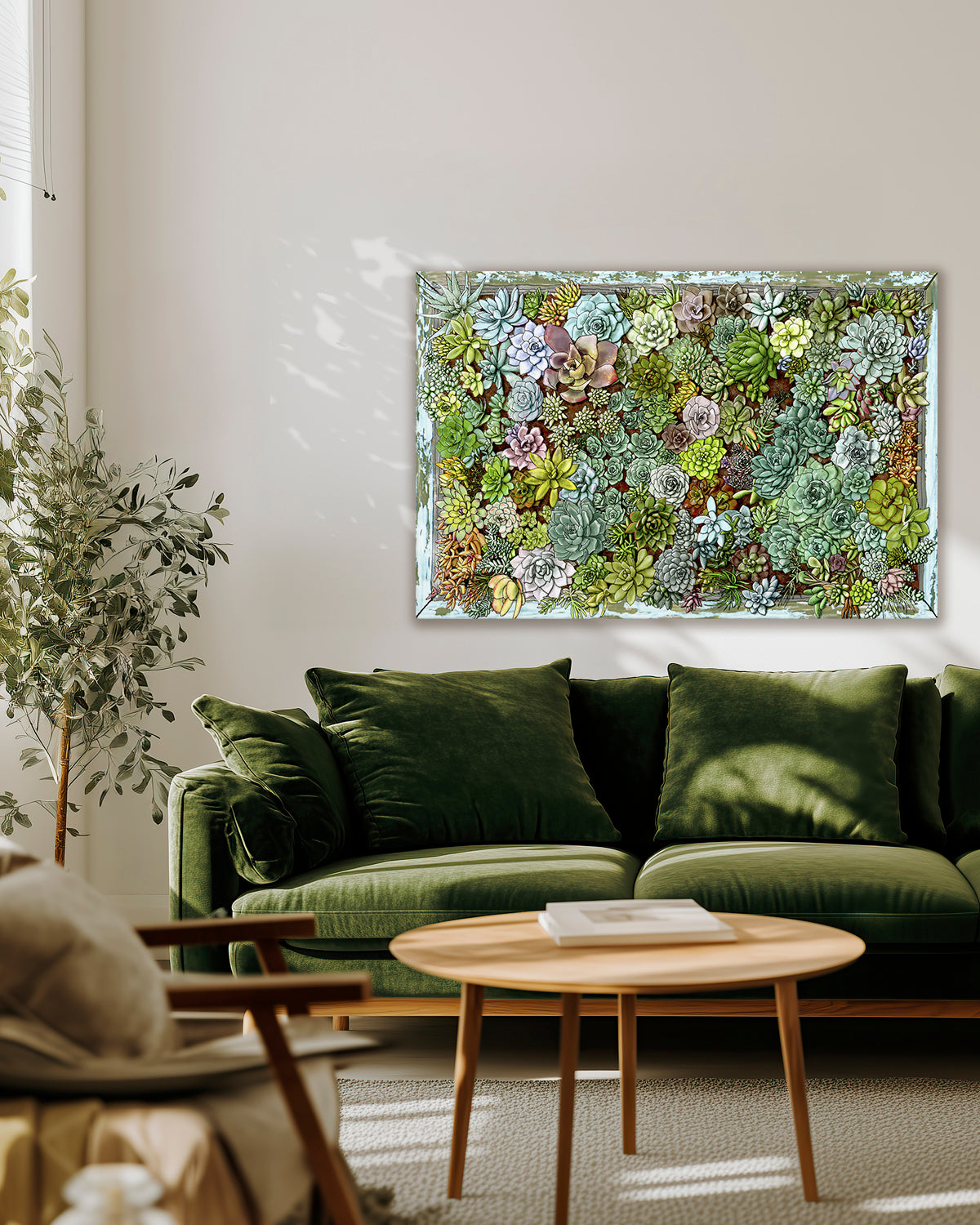 Succulent living wall art by Jen Montgomery on a wall above a green sofa in a living room.