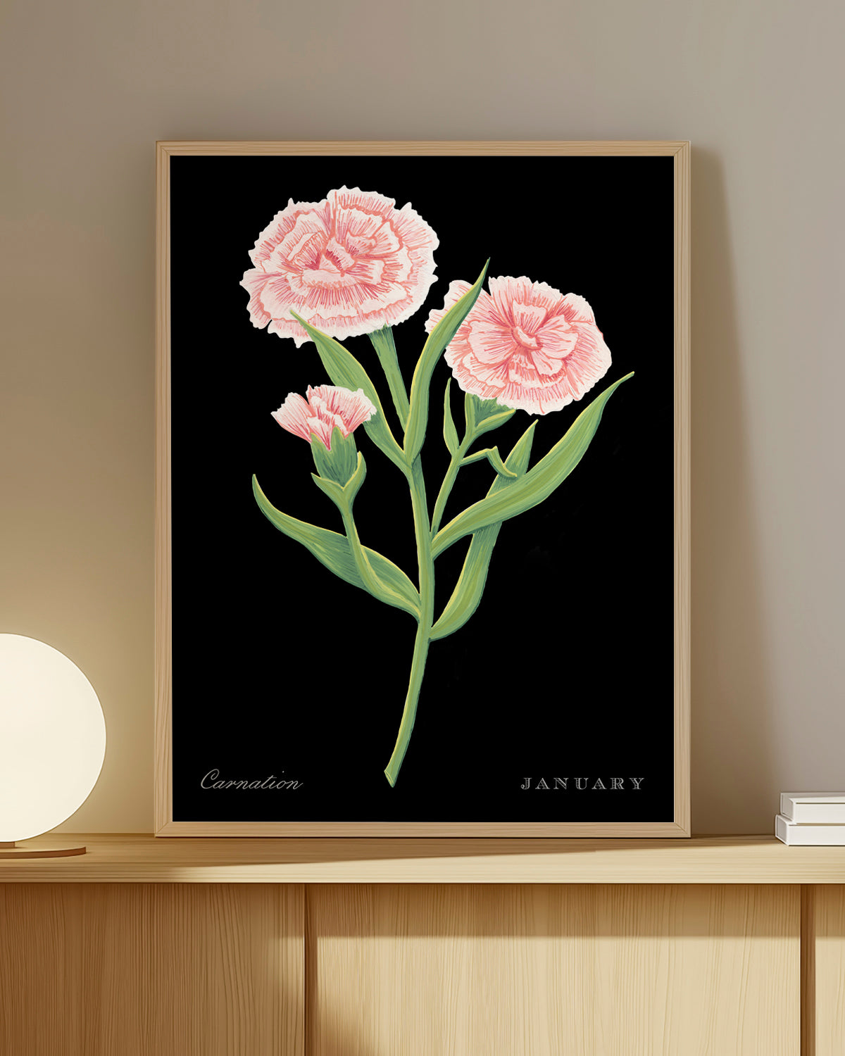 Carnation (January) birth flower fine art print, classic botanical style on black background. Oak frame available.