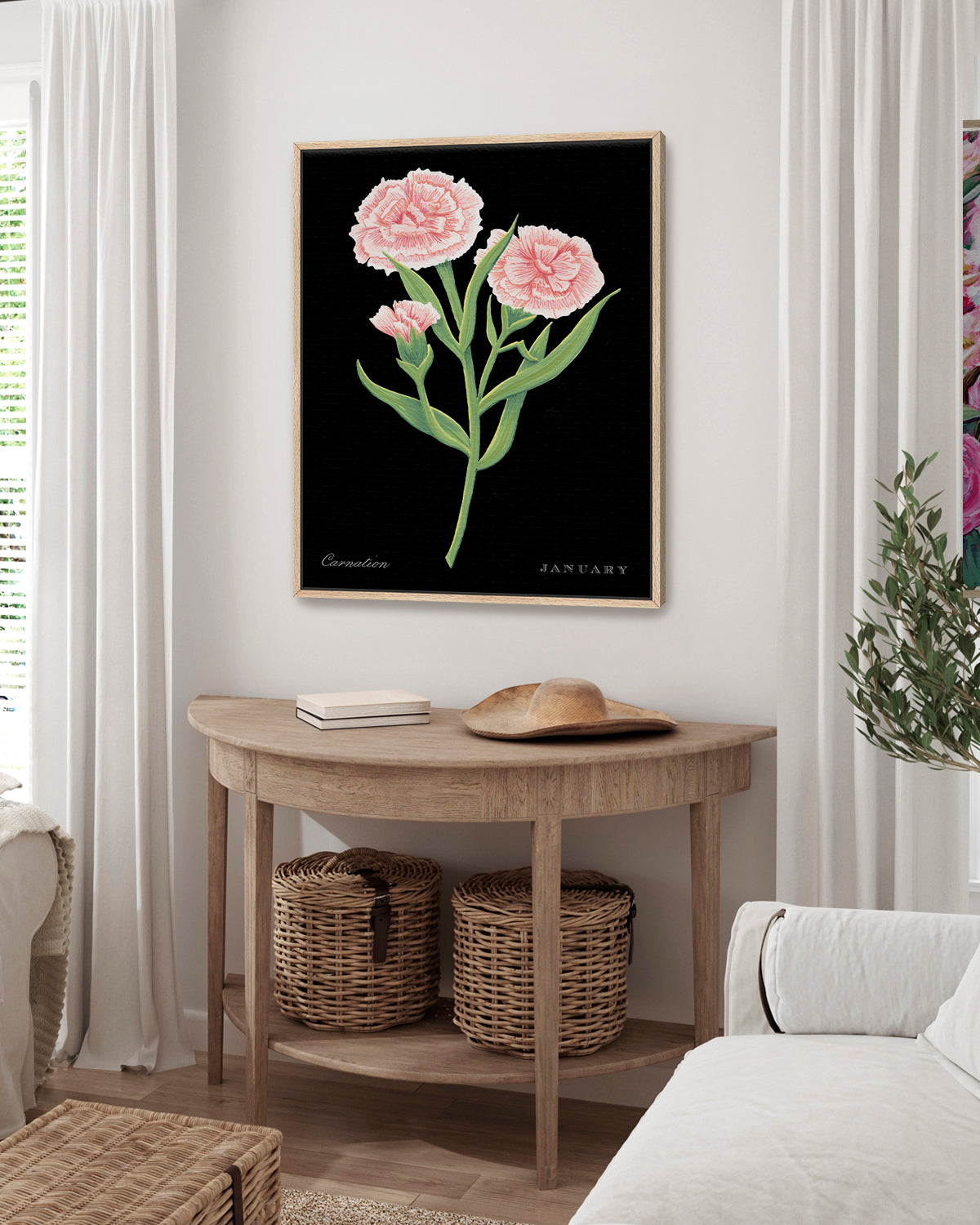 Carnation (January) birth flower fine art print, classic botanical style on black background. Oak frame available.