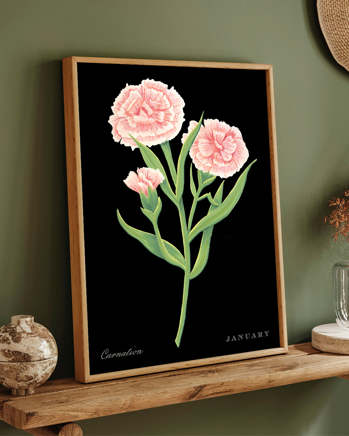 Carnation (January) birth flower fine art print, classic botanical style on black background. Oak frame available.
