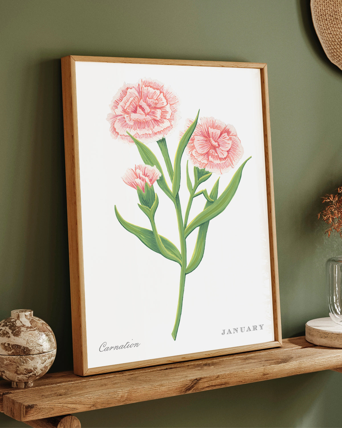 Carnation (January) birth flower fine art print, classic botanical style on white background. Oak frame available.