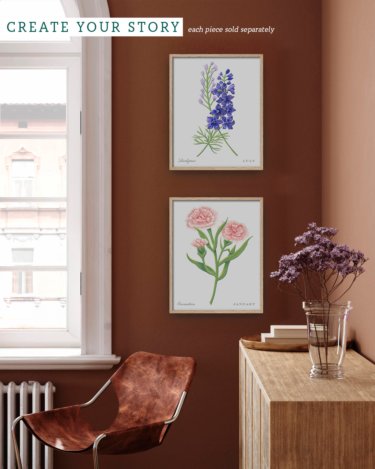 Gallery wall with (January) birth flower fine art print, classic botanical style on white background. Oak frame available.