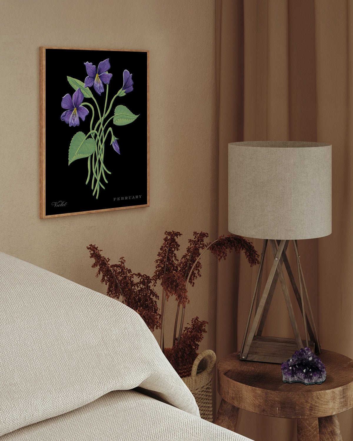 Violet (February) birth flower fine art print, classic botanical style on black background. Oak frame available.