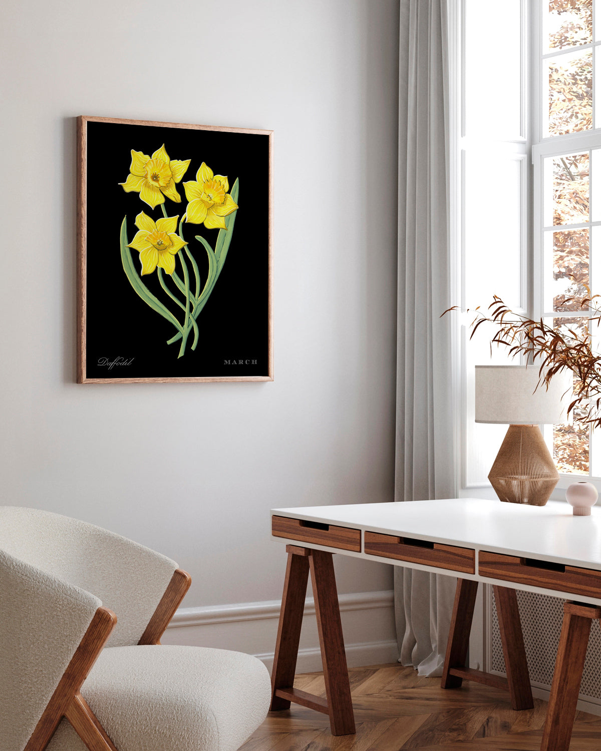 Daffodil (March) birth flower fine art print, classic botanical style on black background. Oak frame available.