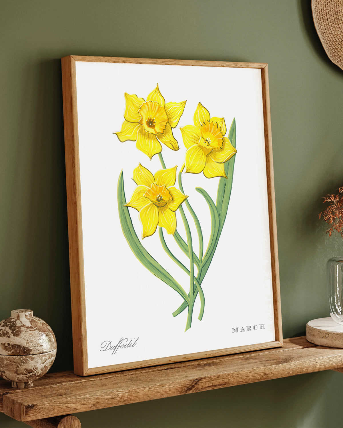 Daffodil (March) birth flower fine art print, classic botanical style on white background. Oak frame available.