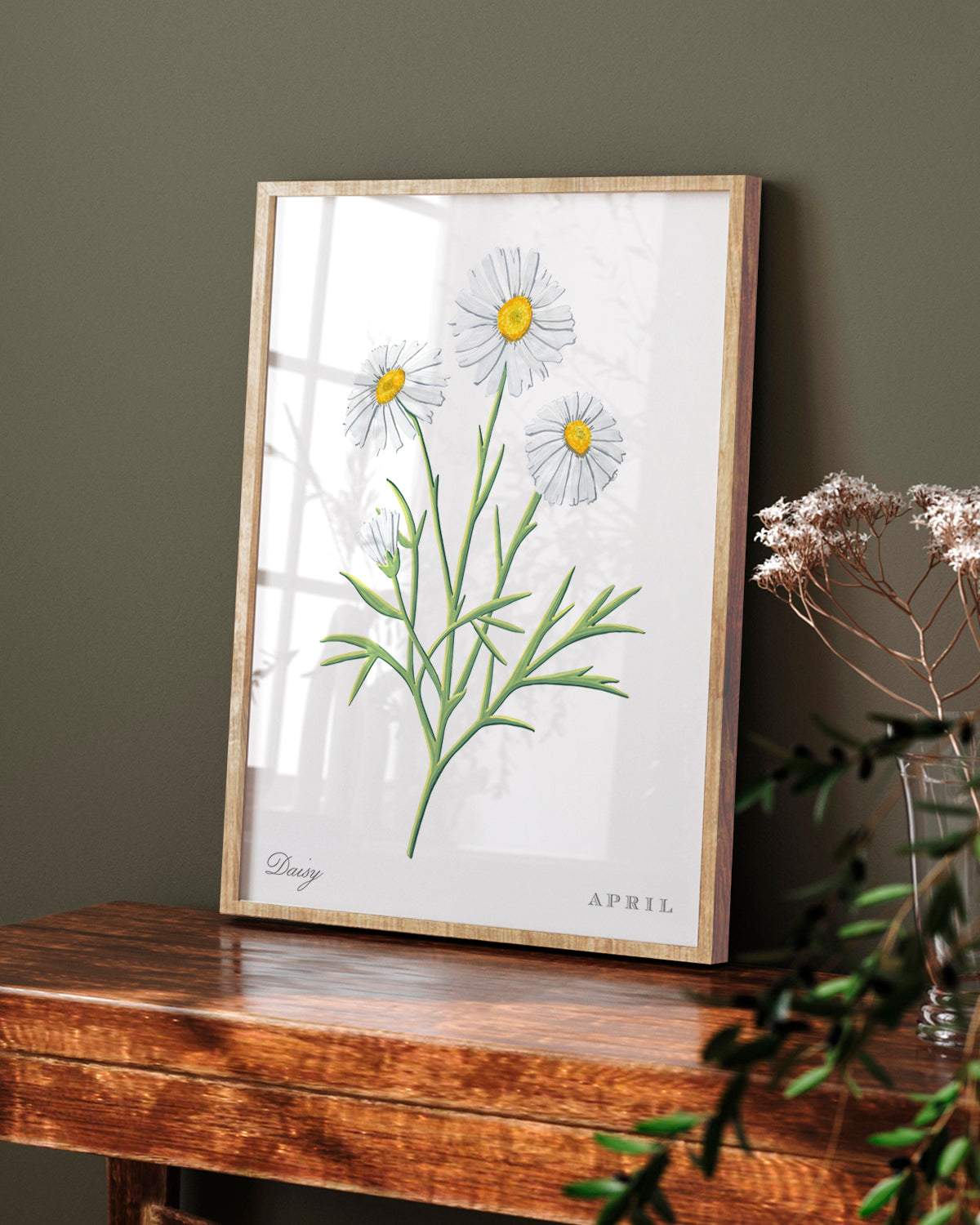 Daisy (April) birth flower fine art print, classic botanical style on white background. Oak frame available.