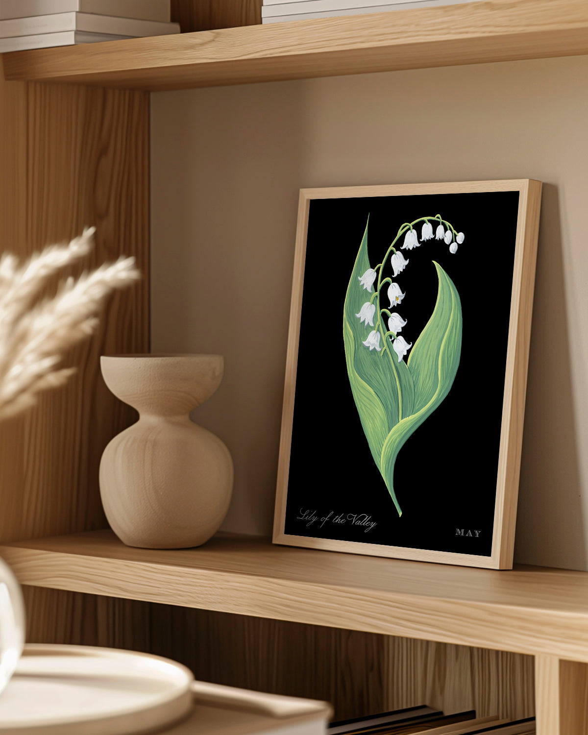 Lily of the Valley (May) birth flower fine art print, classic botanical style on black background. Oak frame available.