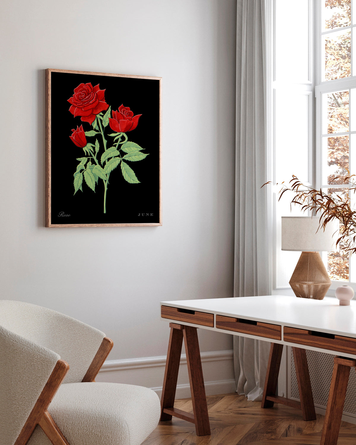 Rose (June) birth flower fine art print, classic botanical style on black background. Oak frame available.