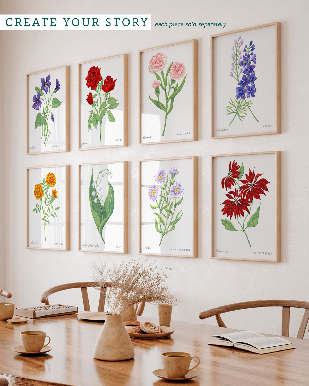 Gallery wall with Rose (June) birth flower fine art print, classic botanical style on black background. Oak frame available.