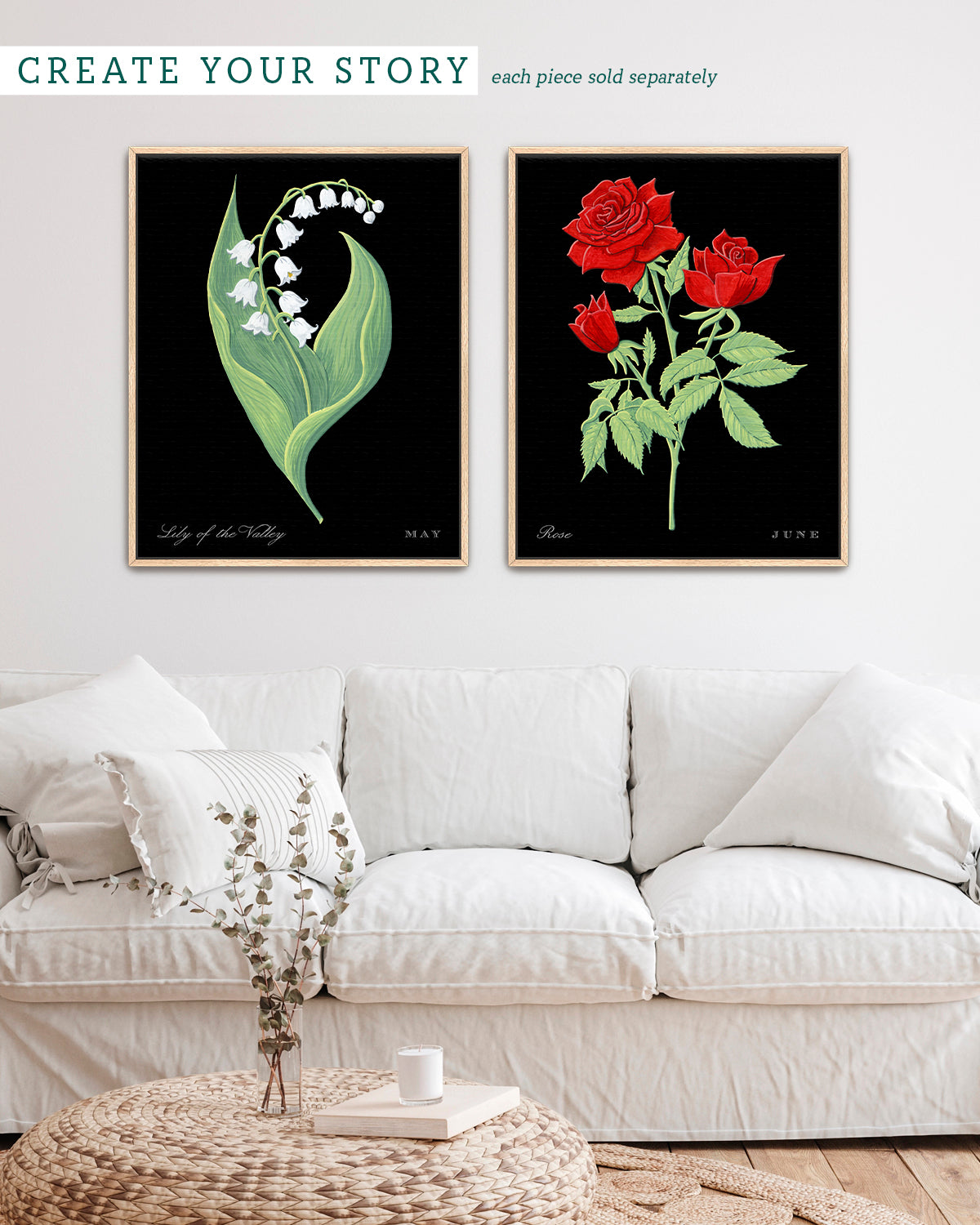 Gallery wall with Rose (June) birth flower fine art print, classic botanical style on black background. Oak frame available.