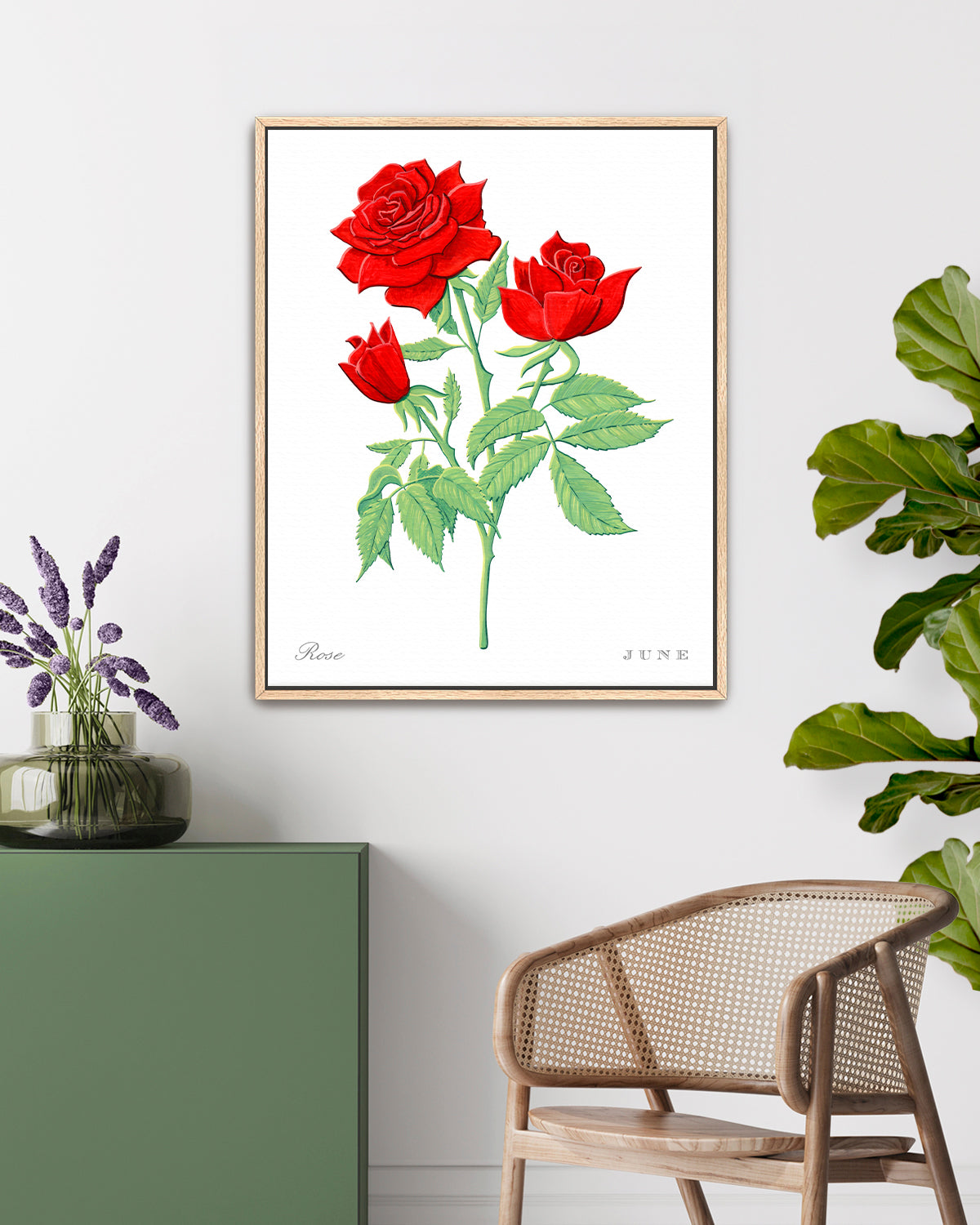 Rose (June) birth flower fine art print, classic botanical style on white background. Oak frame available.