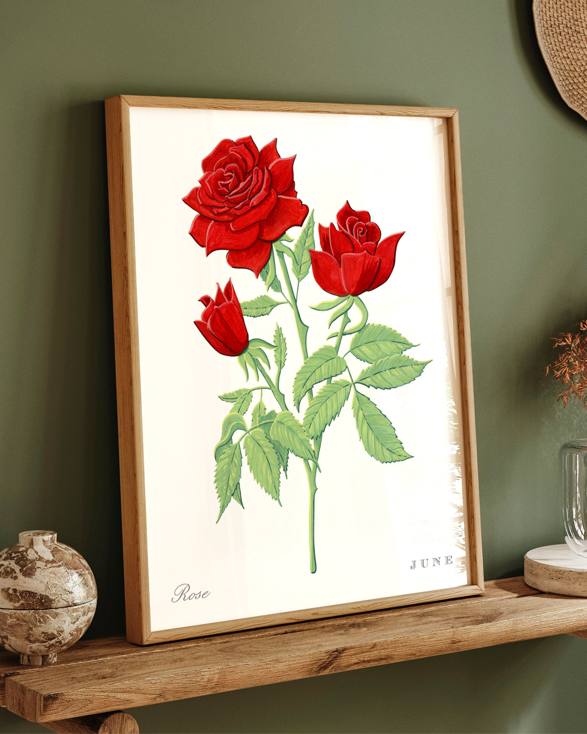 Rose (June) birth flower fine art print, classic botanical style on white background. Oak frame available.