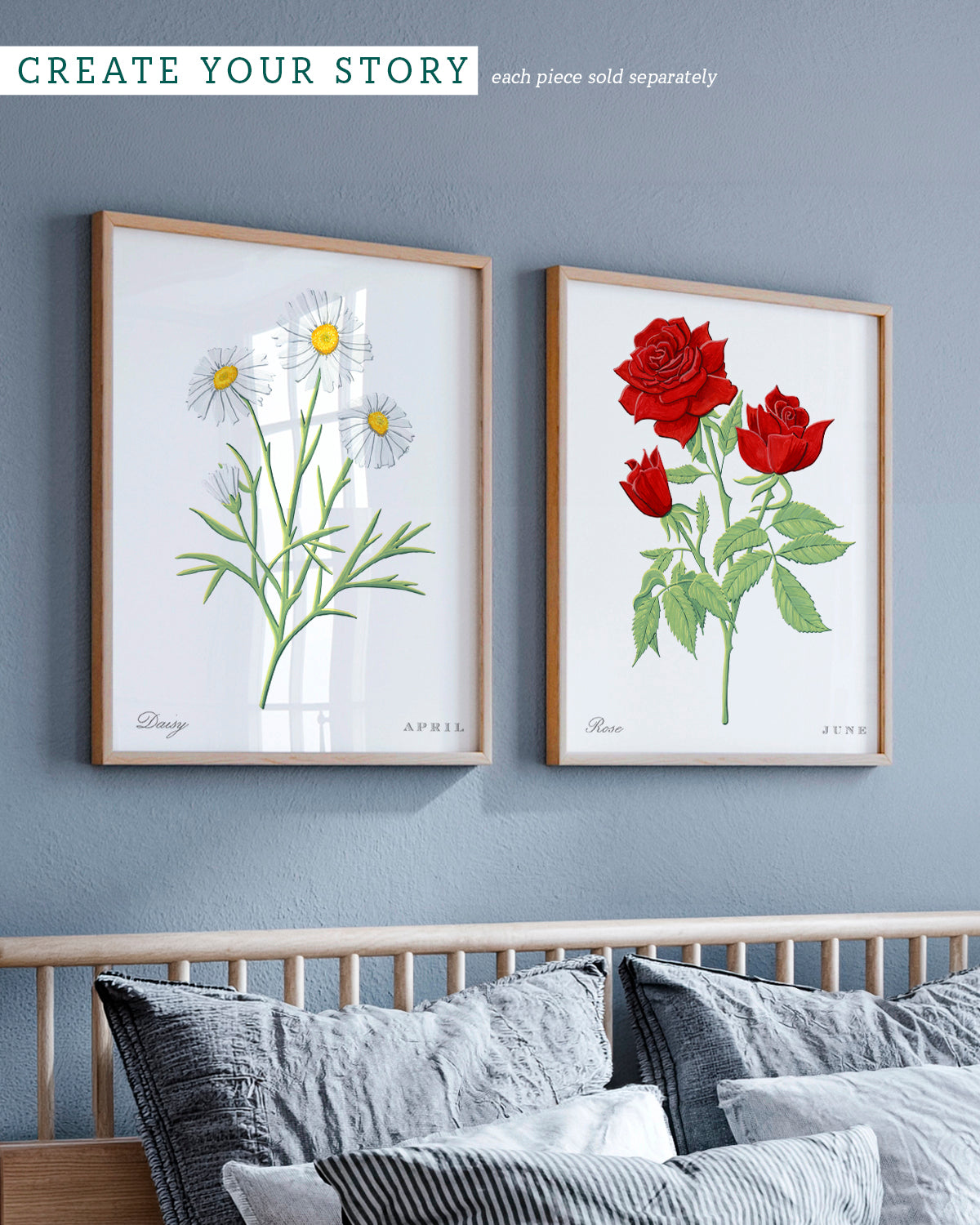 Gallery wall with Rose (June) birth flower fine art print, classic botanical style on white background. Oak frame available.