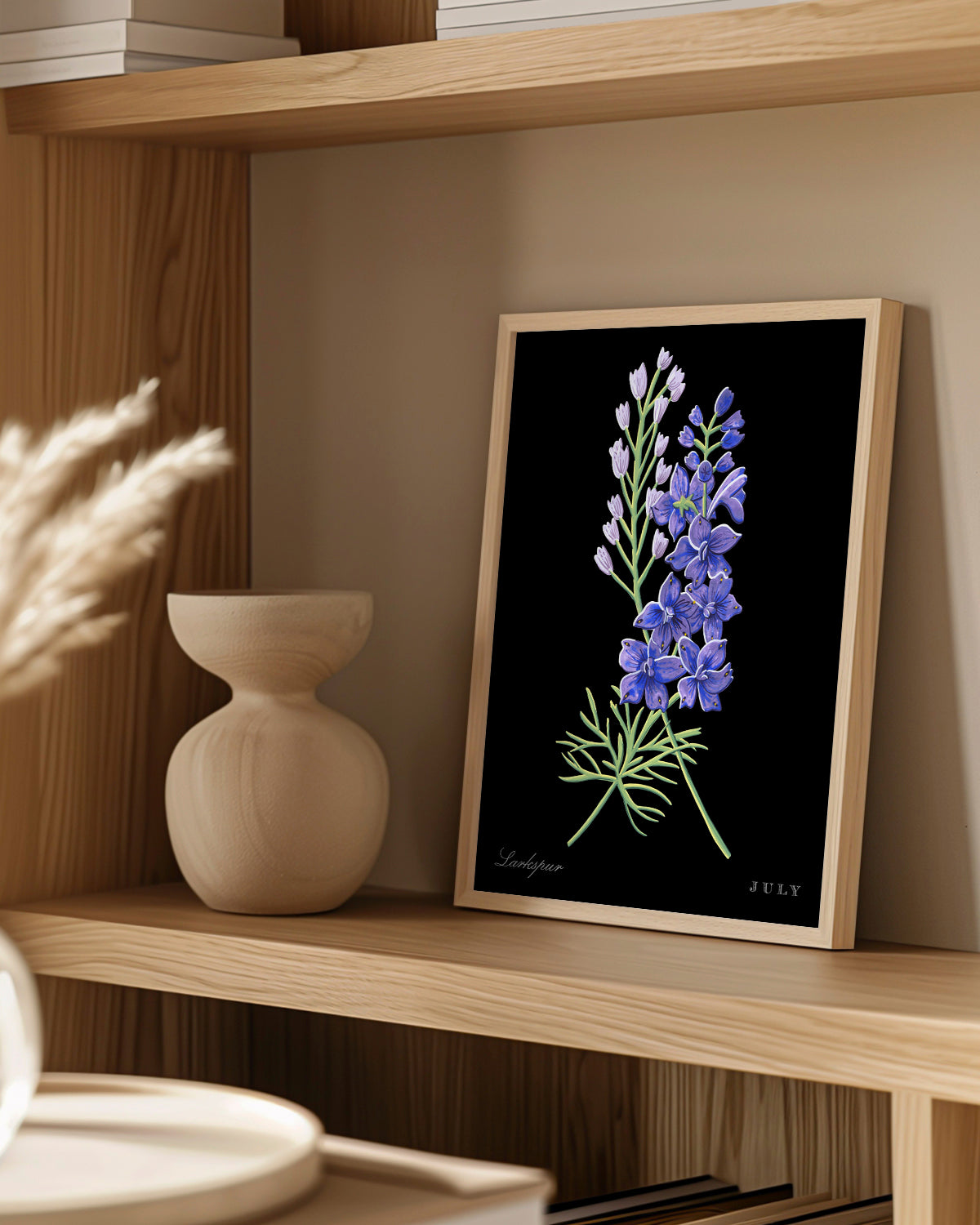 Larkspur (July) birth flower fine art print, classic botanical style on black background. Oak frame available.