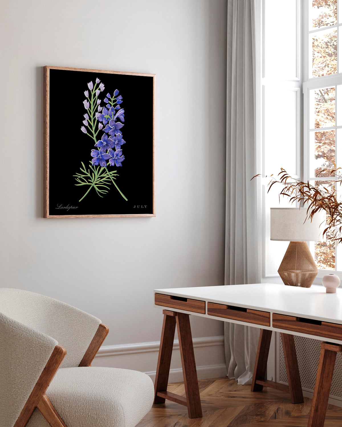 Larkspur (July) birth flower fine art print, classic botanical style on black background. Oak frame available.