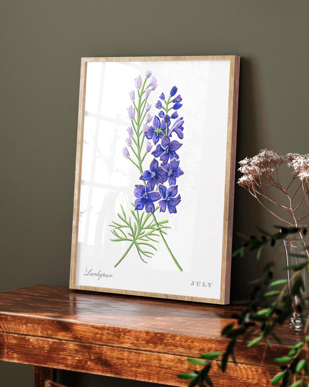 Larkspur (July) birth flower fine art print, classic botanical style on white background. Oak frame available.