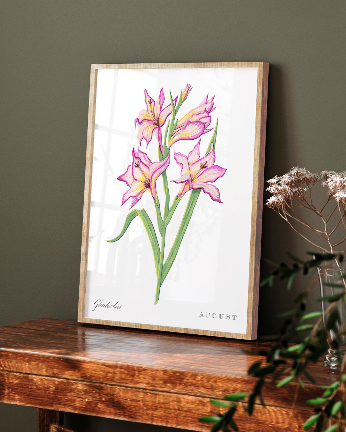 Gladiolus (August) birth flower fine art print, classic botanical style on white background. Oak frame available.