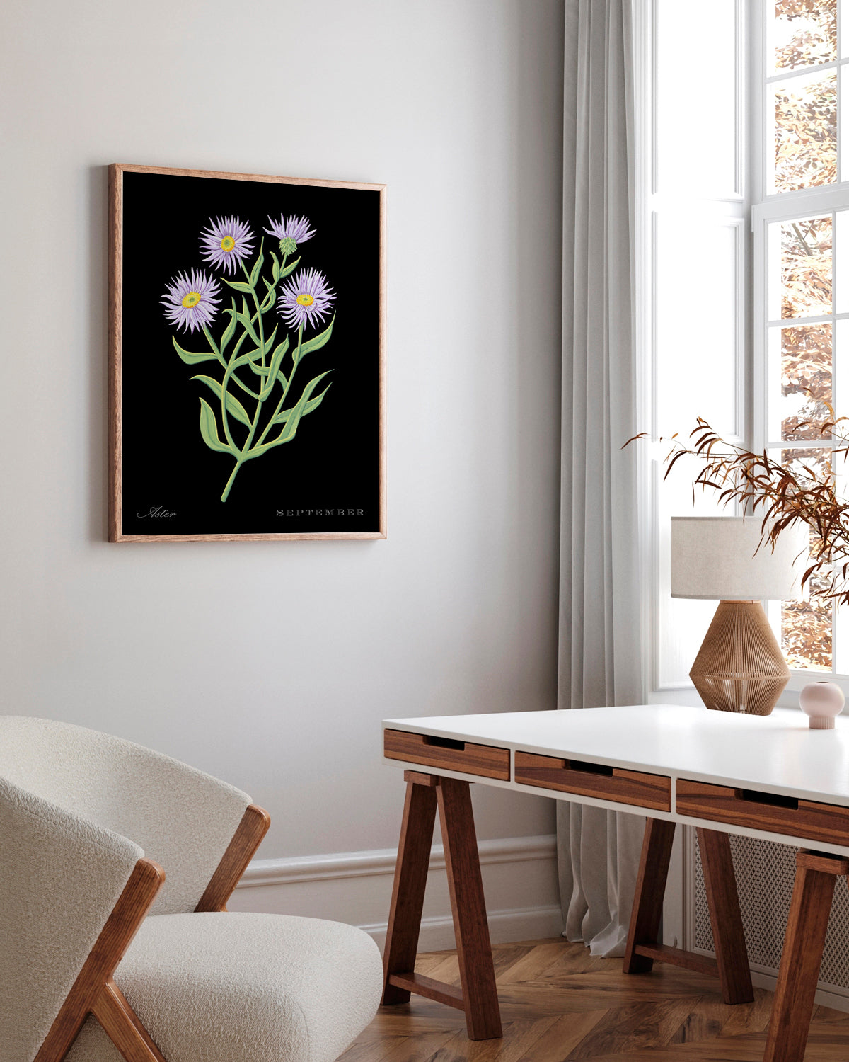 Aster (September) birth flower fine art print, classic botanical style on black background. Oak frame available.