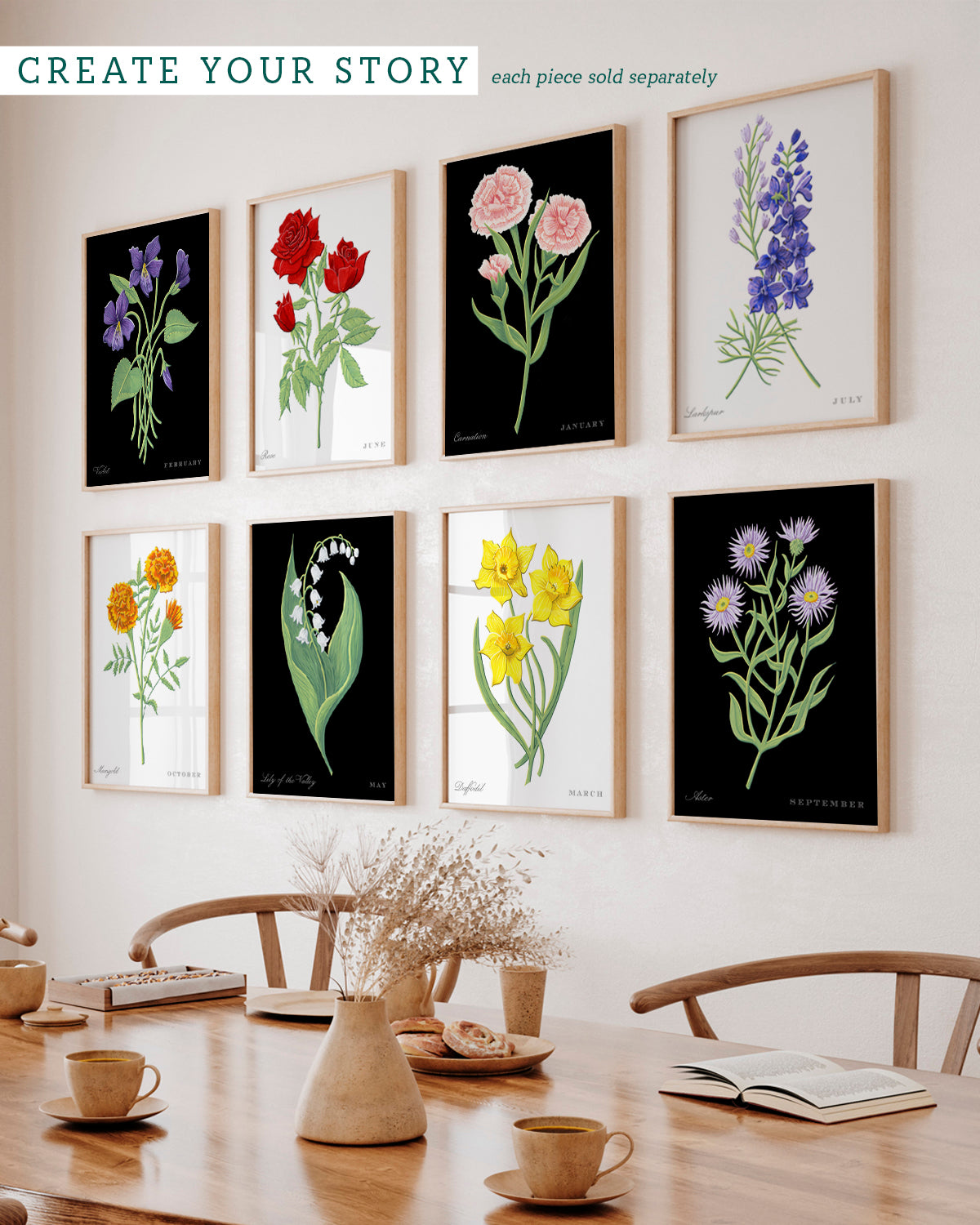 Gallery wall with Aster (September) birth flower fine art print, classic botanical style on black background. Oak frame available.