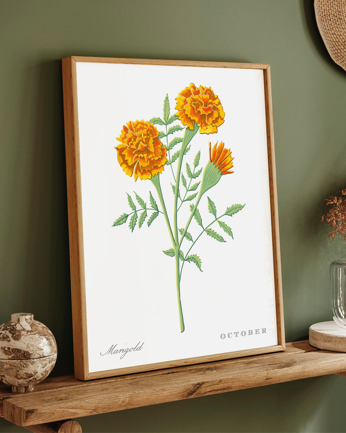 Marigold (October) birth flower fine art print, classic botanical style on white background. Oak frame available.