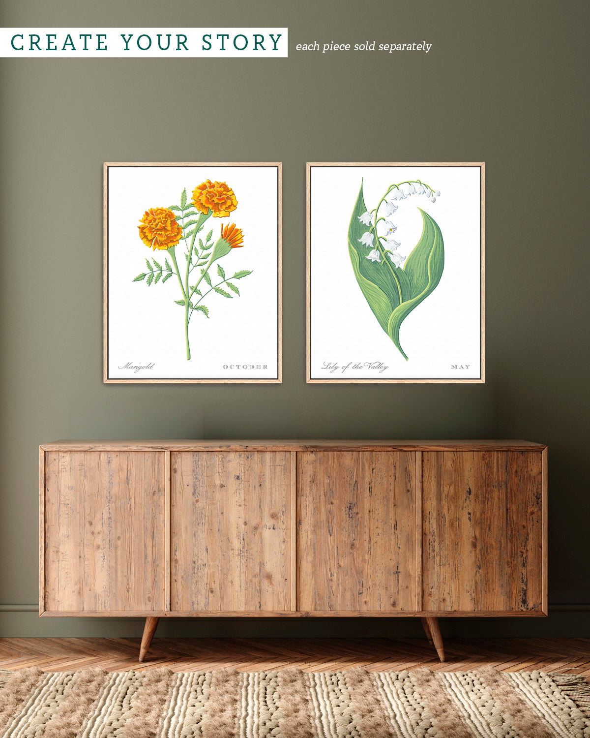 Gallery wall with Marigold (October) birth flower fine art print, classic botanical style on white background. Oak frame available.