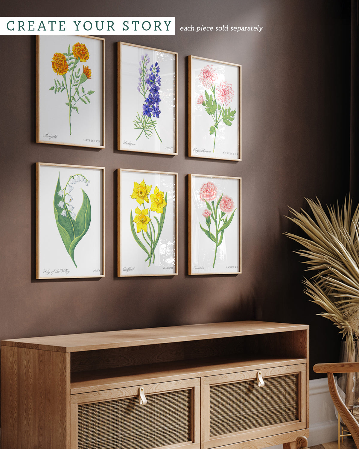 Gallery wall with Marigold (October) birth flower fine art print, classic botanical style on white background. Oak frame available.
