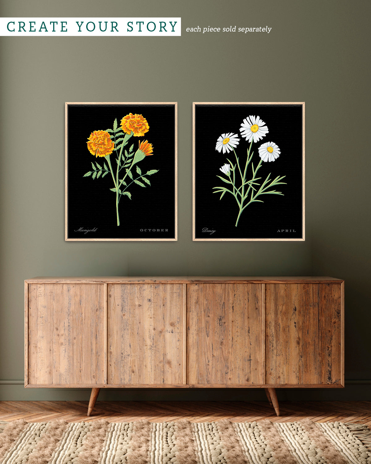 Gallery wall with Marigold (October) birth flower fine art print, classic botanical style on black background. Oak frame available.
