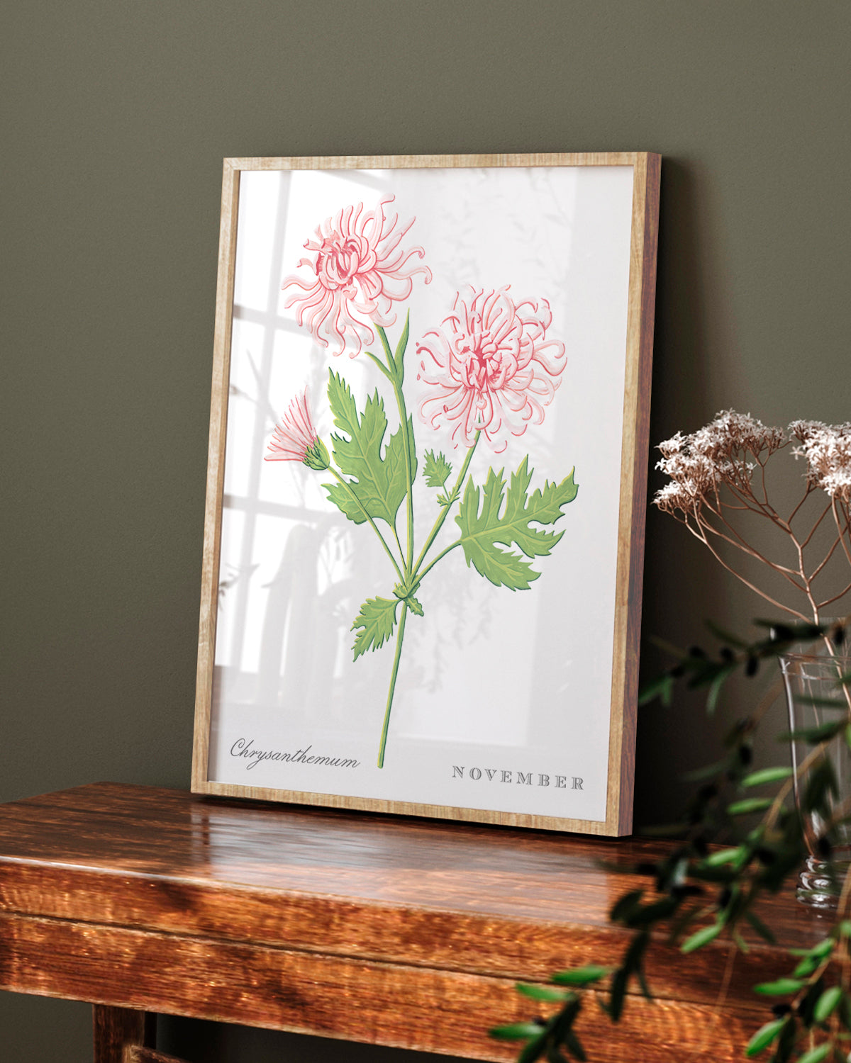 Chrysanthemum (November) birth flower fine art print, classic botanical style on white background. Oak frame available.
