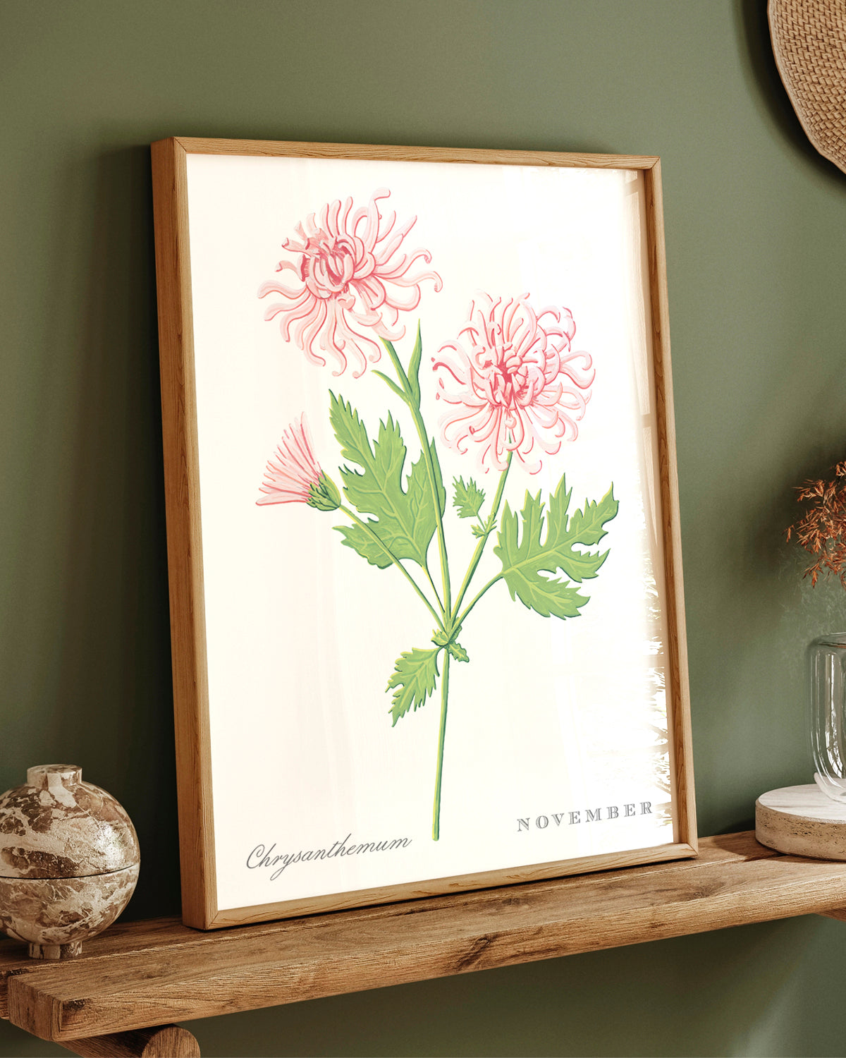 Chrysanthemum (November) birth flower fine art print, classic botanical style on white background. Oak frame available.