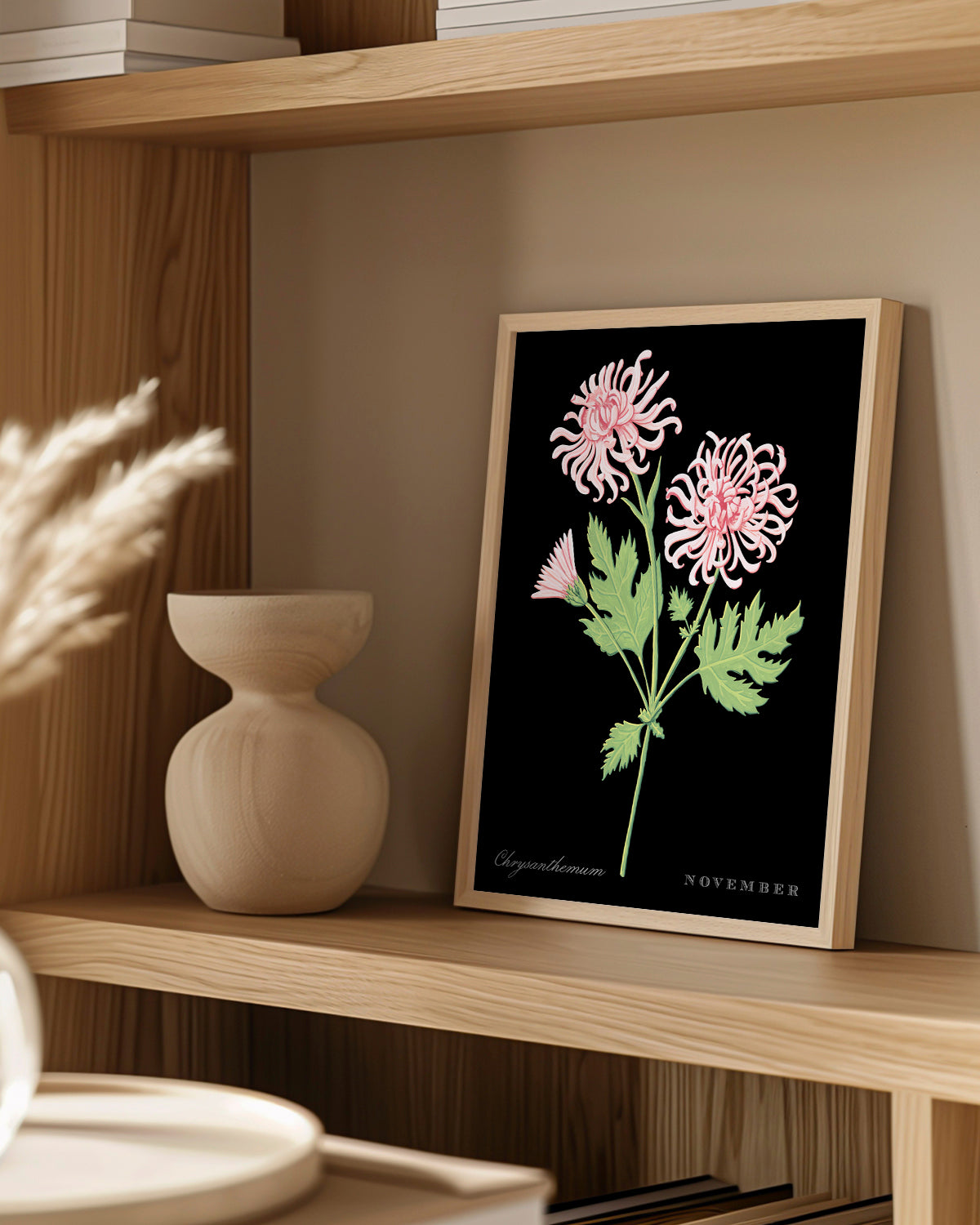 Chrysanthemum (November) birth flower fine art print, classic botanical style on black background. Oak frame available.