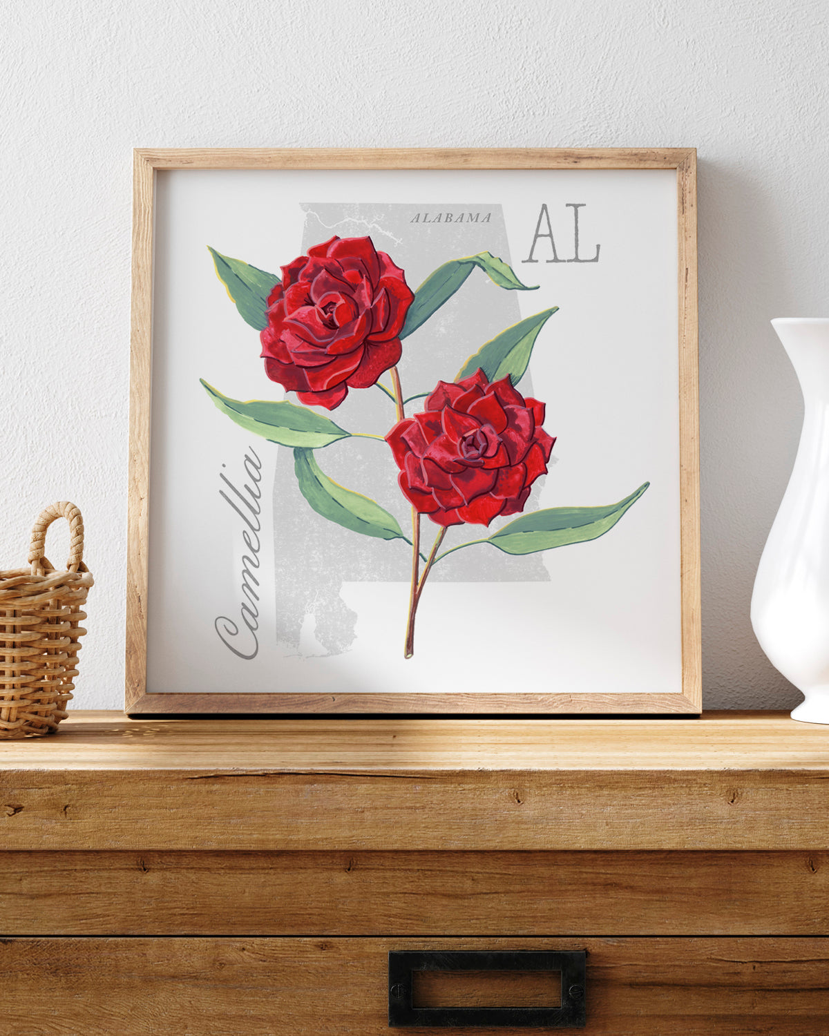 Camellia (Alabama) state flower fine art print, classic botanical style on white background. Oak frame available.