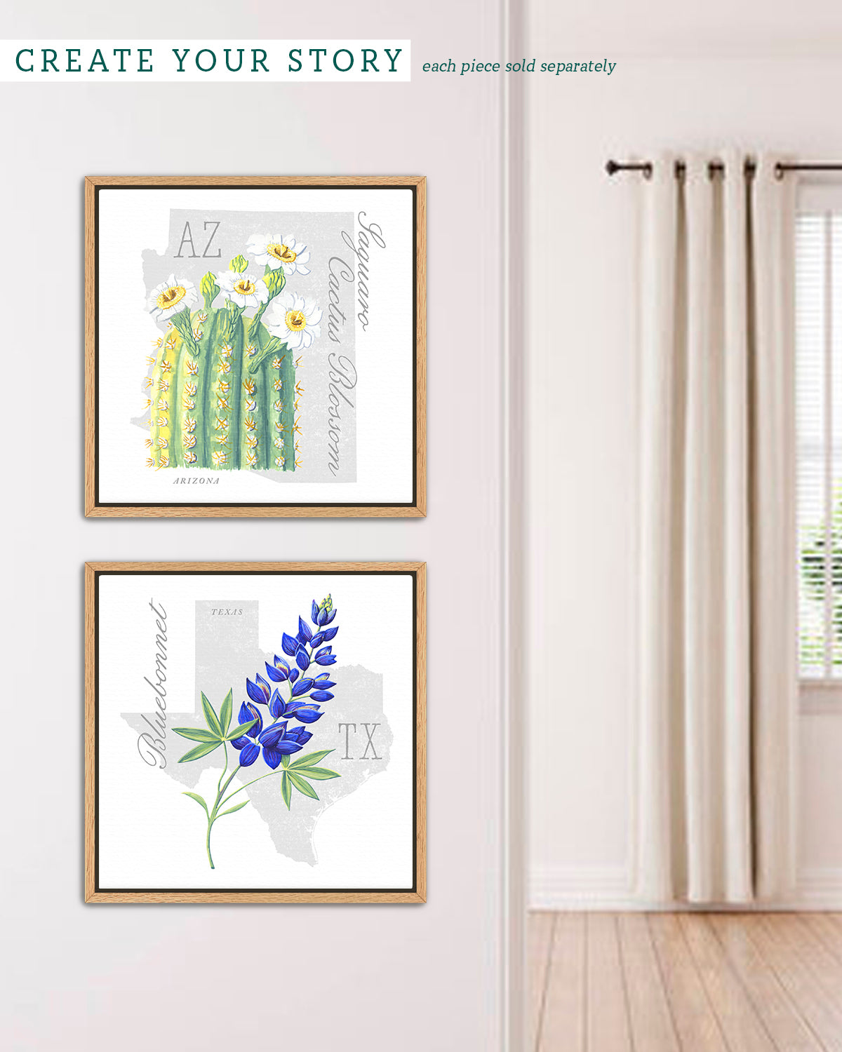 Saguaro Cactus Blossom (Arizona) state flower fine art print, classic botanical style on white background. Oak frame available.