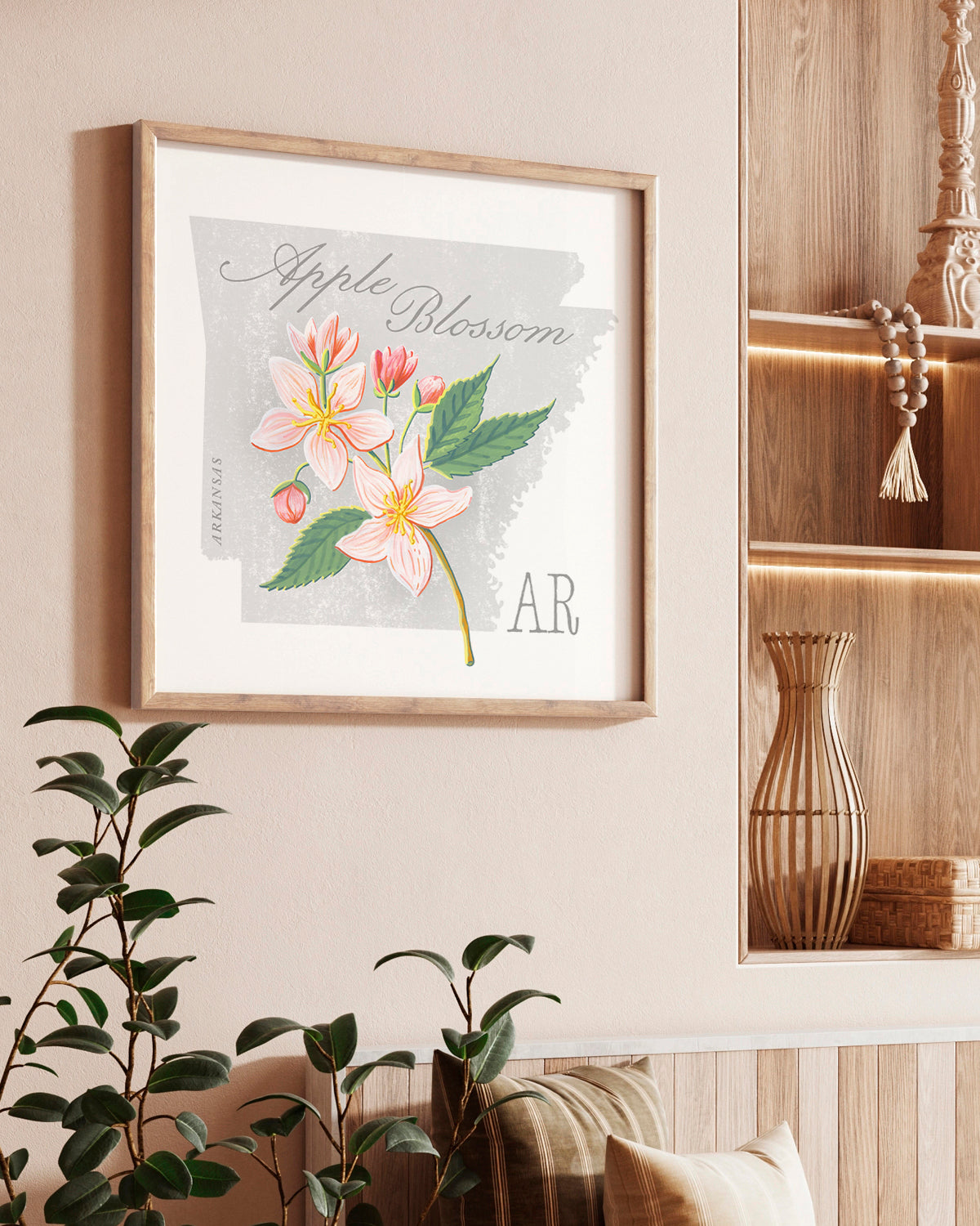 Apple Blossom (Arkansas) state flower fine art print, classic botanical style on white background. Oak frame available.