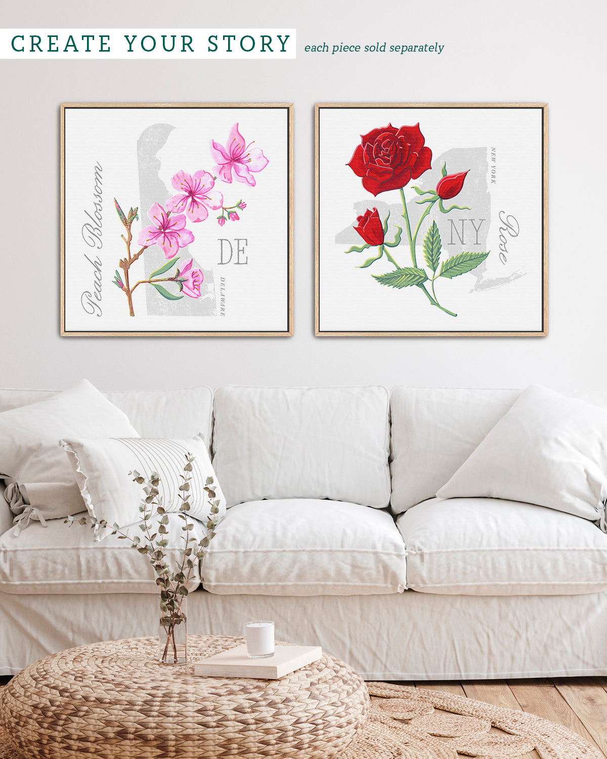 Peach Blossom (Delaware) state flower fine art print, classic botanical style on white background. Oak frame available.