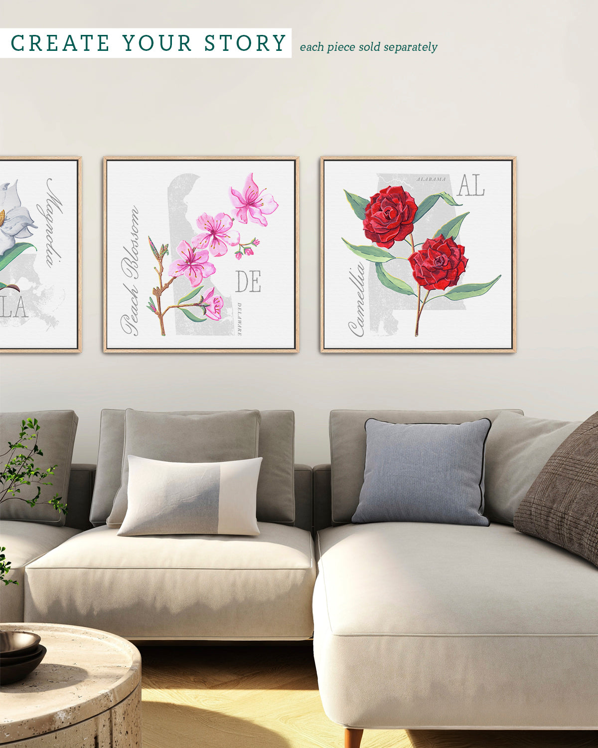 Peach Blossom (Delaware) state flower fine art print, classic botanical style on white background. Oak frame available.