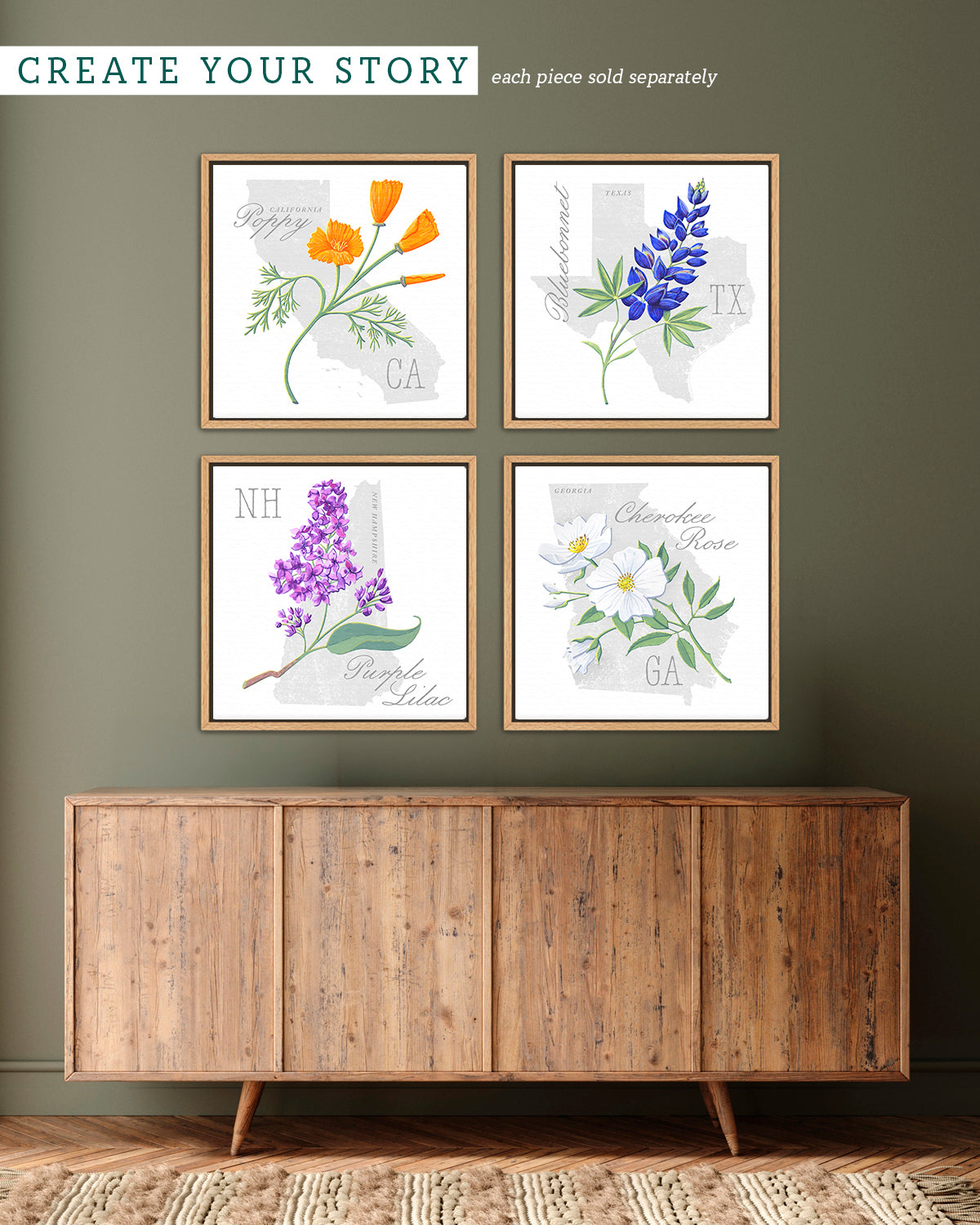 Cherokee Rose (Georgia) state flower fine art print, classic botanical style on white background. Oak frame available.