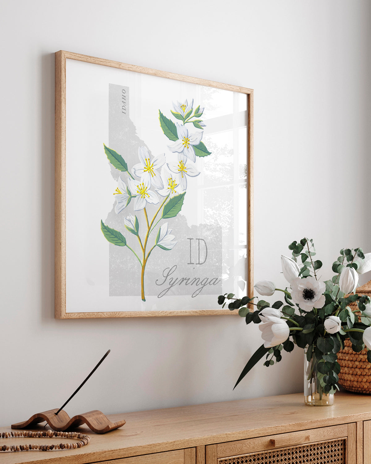 Syringa (Idaho) state flower fine art print, classic botanical style on white background. Oak frame available.