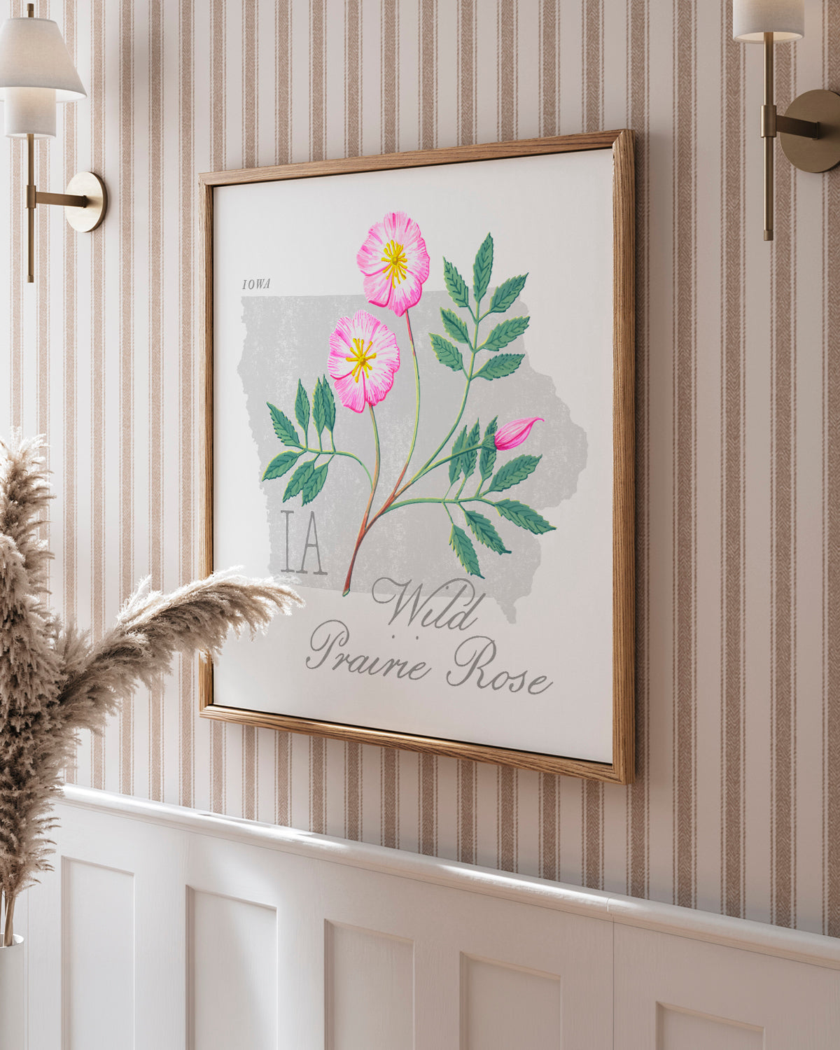 Iowa (Wild Prairie Rose) state flower fine art print, classic botanical style on white background. Oak frame available.