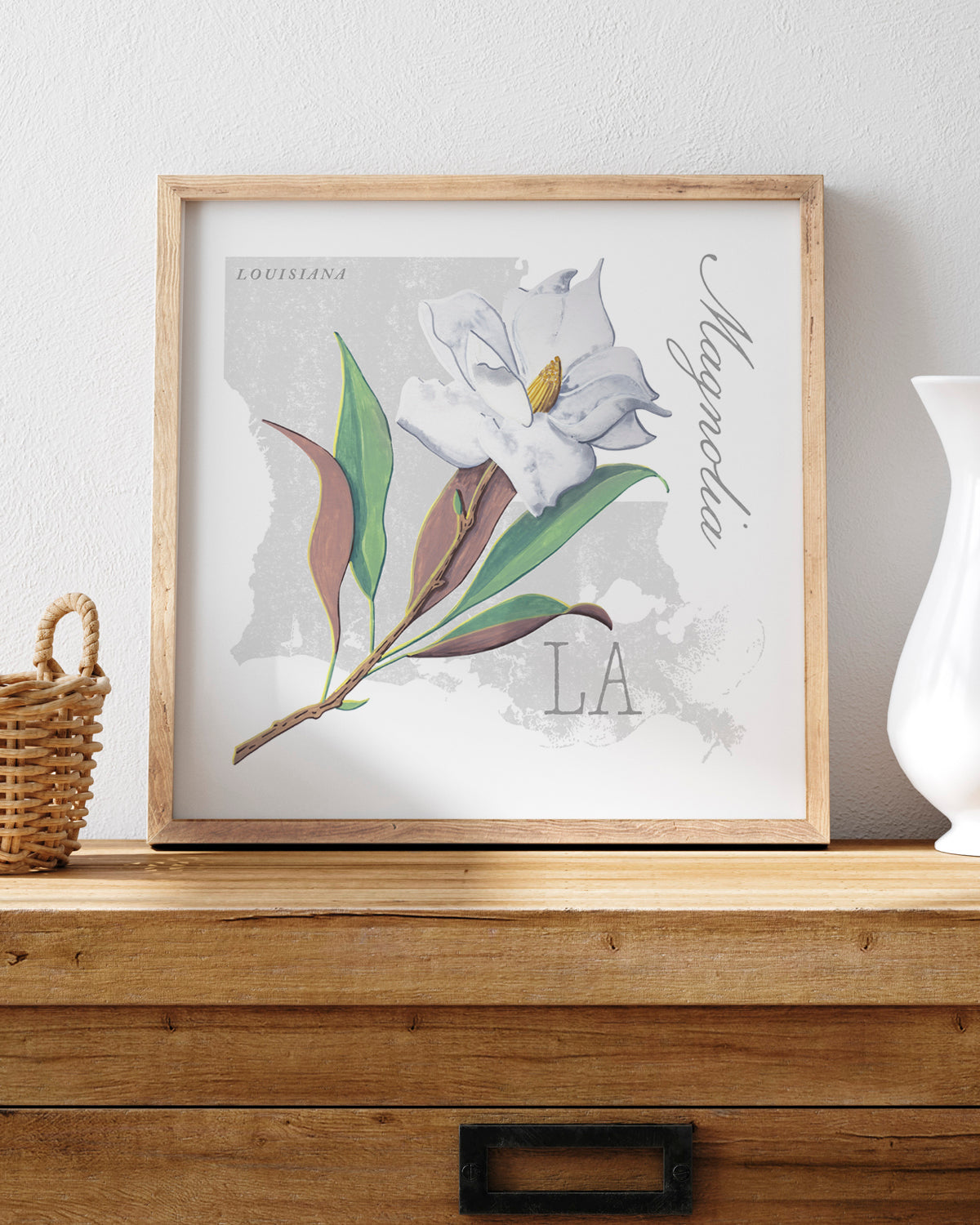 Louisiana (Magnolia) state flower fine art print, classic botanical style on white background. Oak frame available.