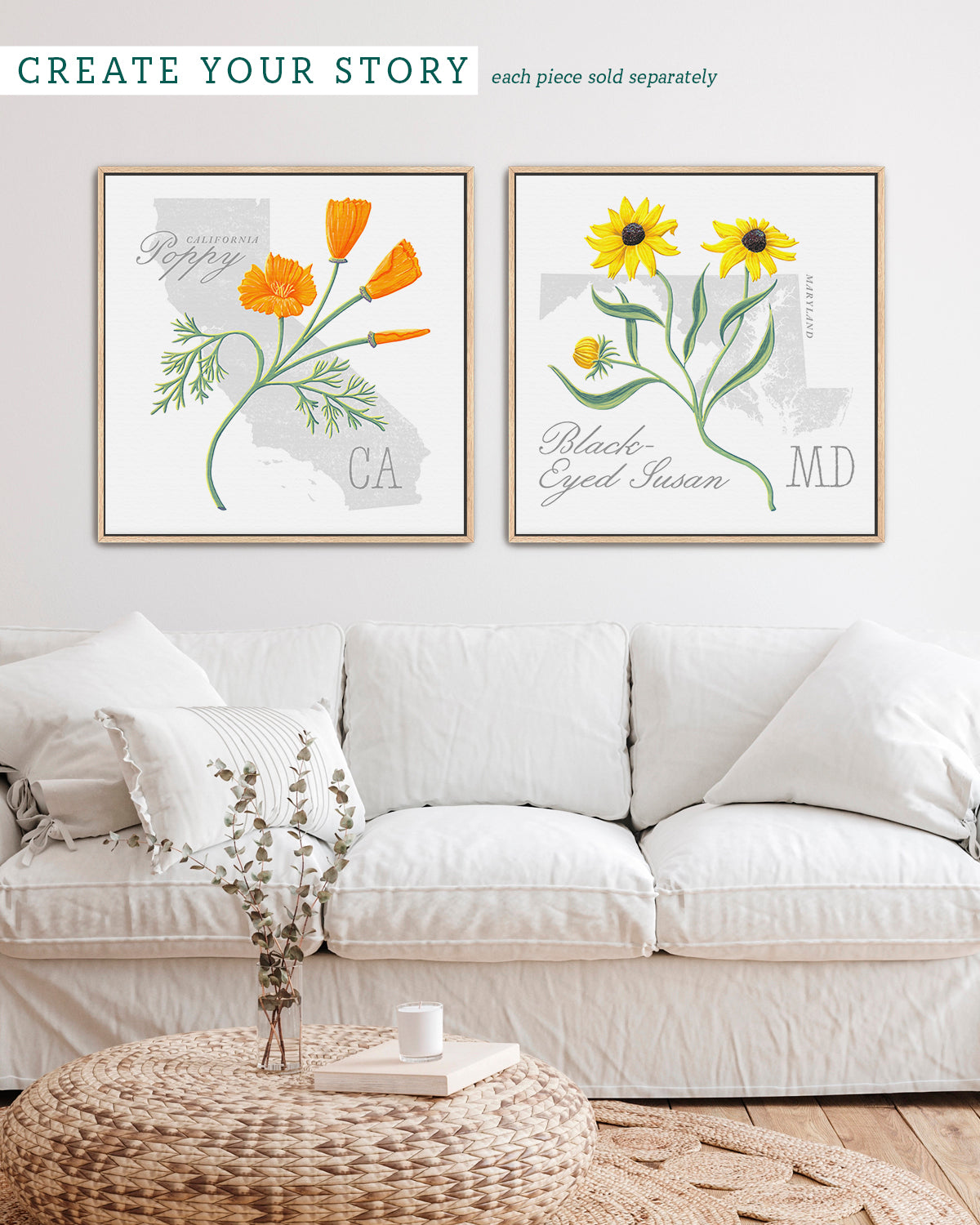 Maryland (Black-Eyed-Susan) state flower fine art print, classic botanical style on white background. Oak frame available.