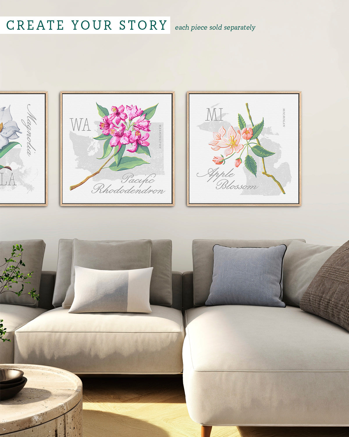 Michigan (Apple Blossom) state flower fine art print, classic botanical style on white background. Oak frame available.