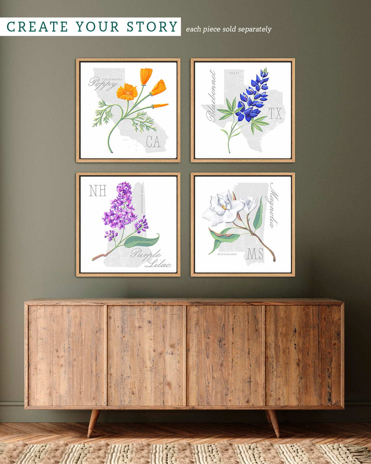Mississippi (Magnolia) state flower fine art print, classic botanical style on white background. Oak frame available.