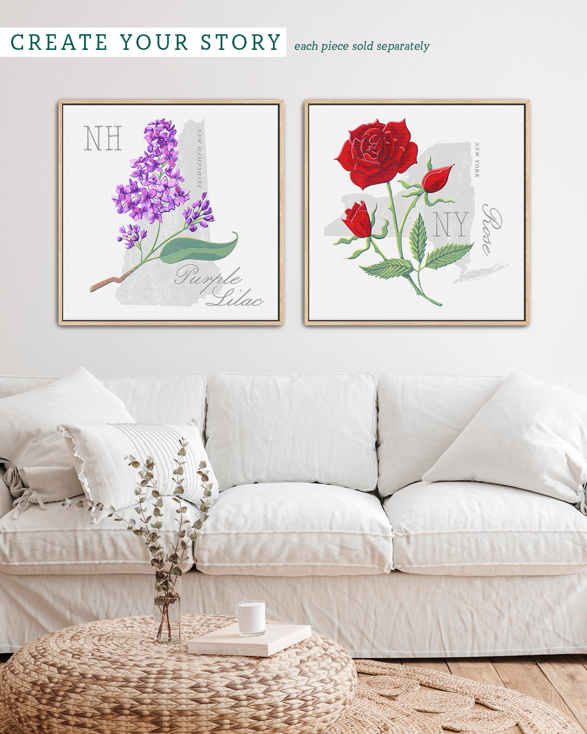 New Hampshire (Purple Lilac) state flower fine art print, classic botanical style on white background. Oak frame available.