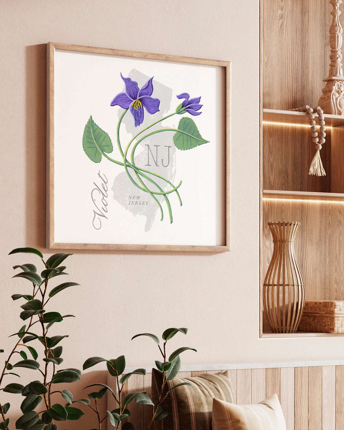 New Jersey (Violet) state flower fine art print, classic botanical style on white background. Oak frame available.