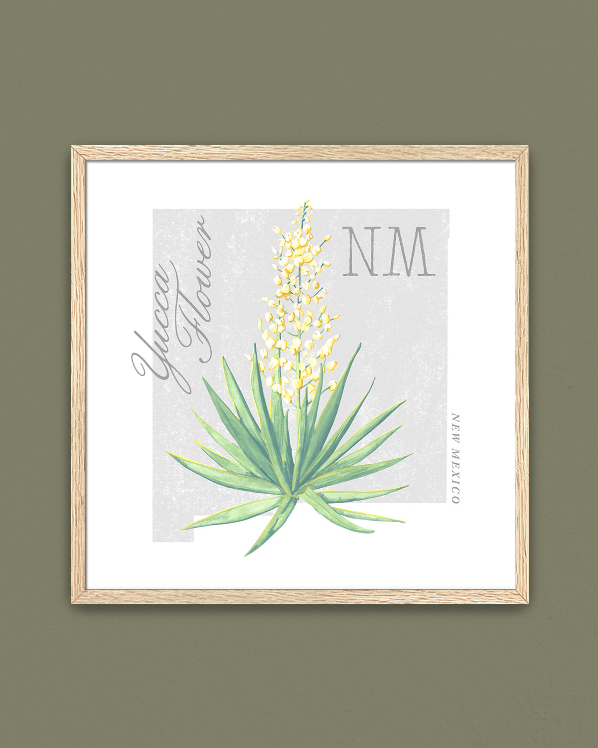 New Mexico (Yucca Flower) state flower fine art print, classic botanical style on white background. Oak frame available.