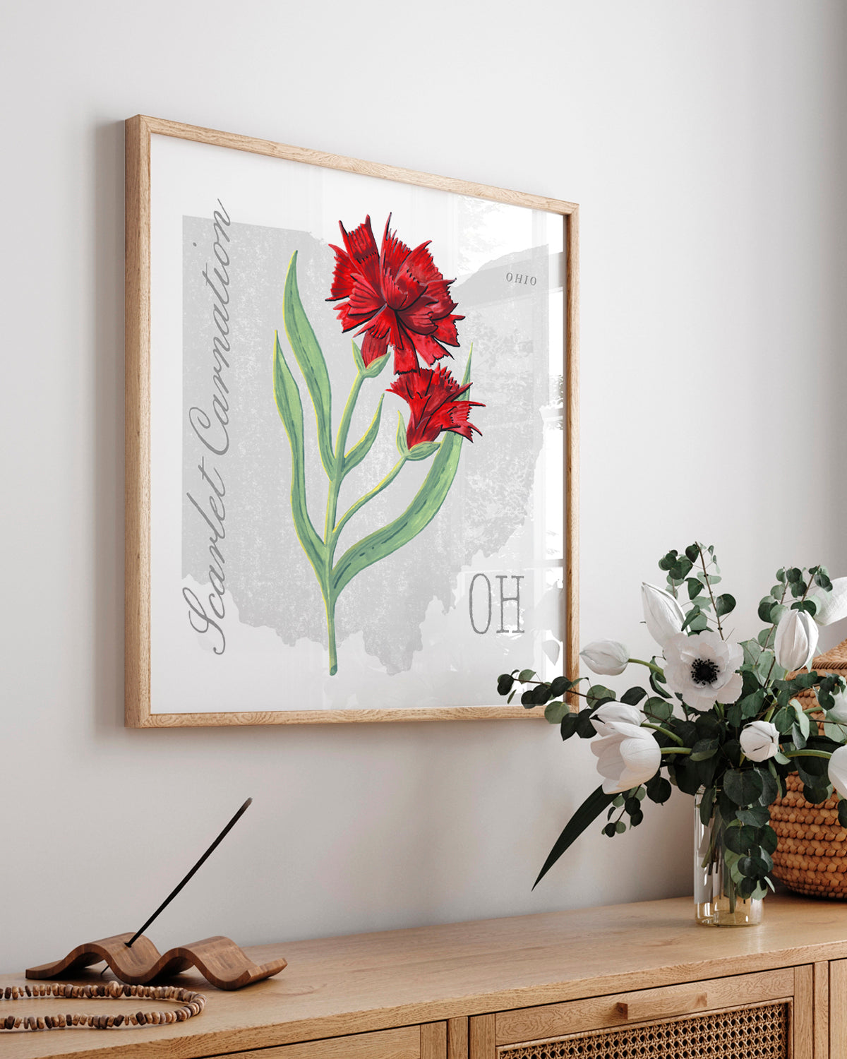 Ohio (Scarlet Carnation) state flower fine art print, classic botanical style on white background. Oak frame available.