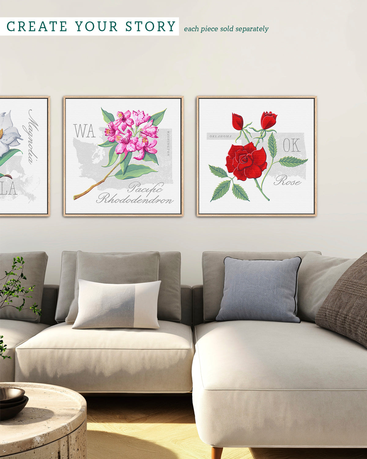 Oklahoma (Rose) state flower fine art print, classic botanical style on white background. Oak frame available.