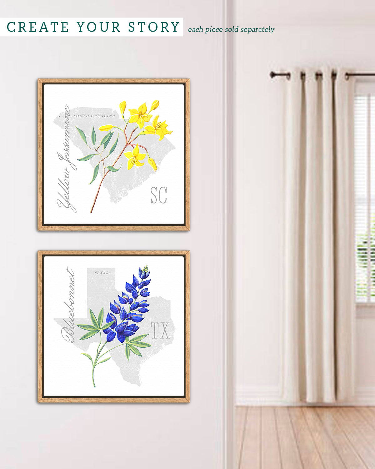 South Carolina (Yellow Jessamine) state flower fine art print, classic botanical style on white background. Oak frame available.