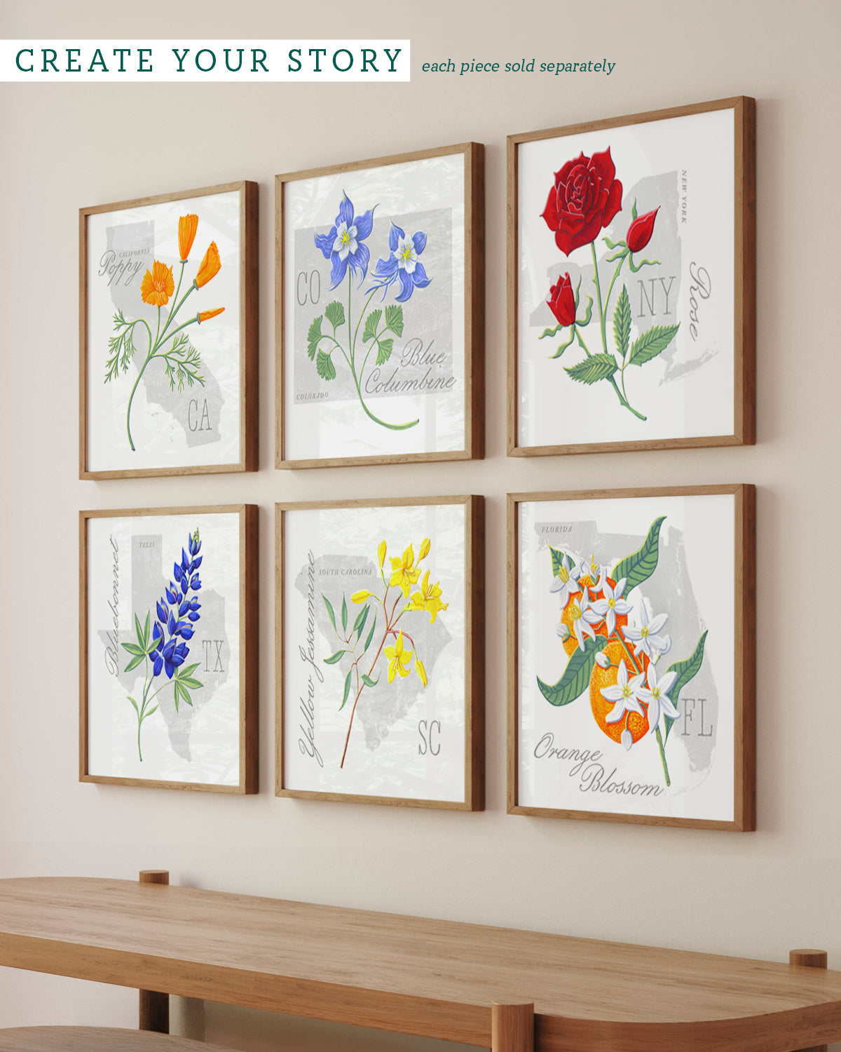 South Carolina (Yellow Jessamine) state flower fine art print, classic botanical style on white background. Oak frame available.